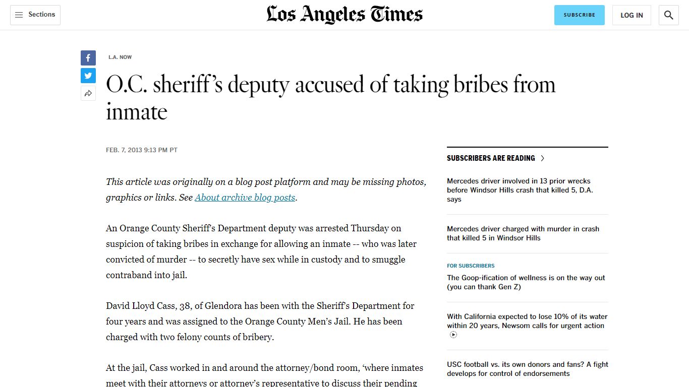 O.C. sheriff's deputy accused of taking bribes from inmate ...